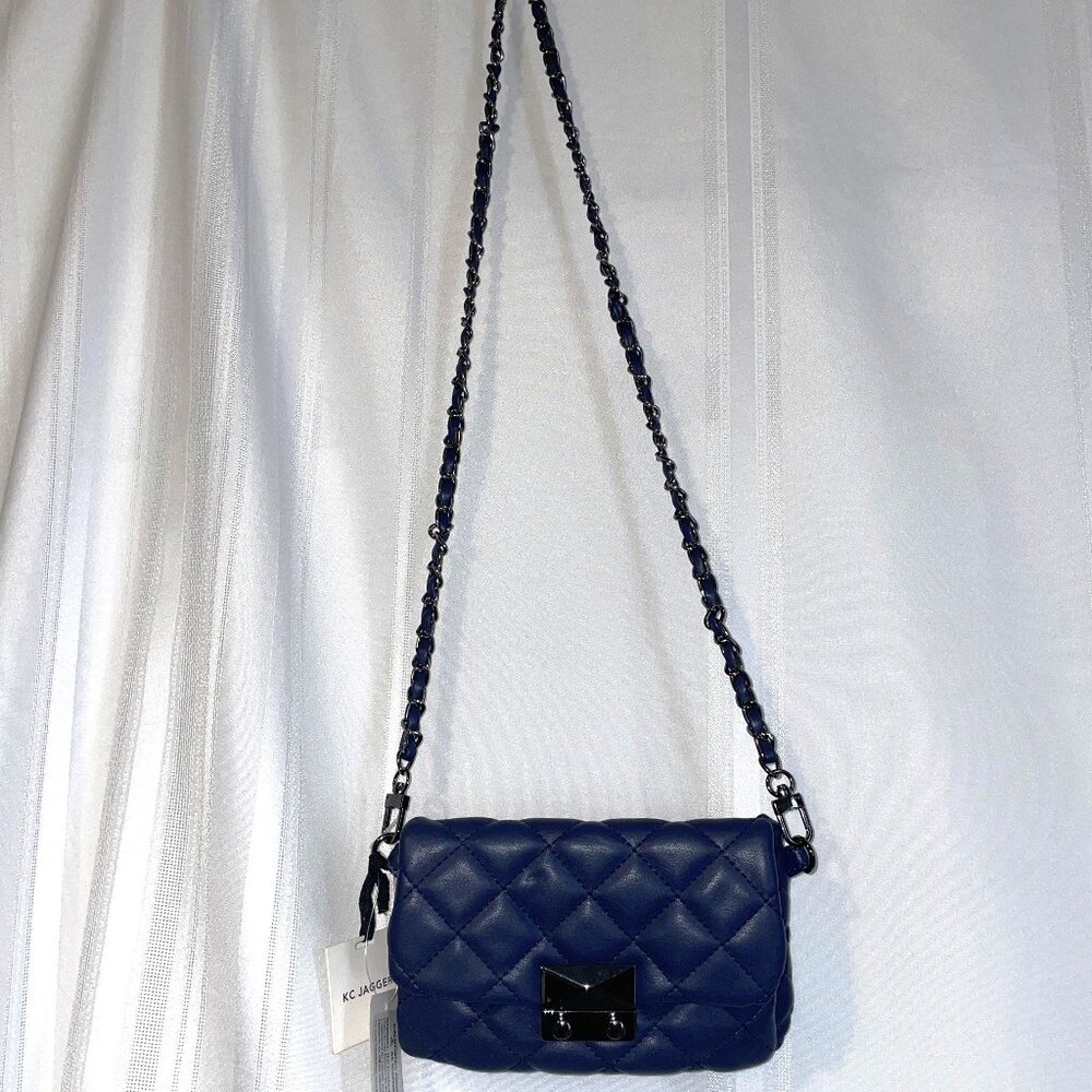 NWT KC JAGGER Navy Blue Double Pouch Gunmetal Chain Strap Crossbody
